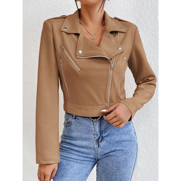 Lapel collar Zip Up vegan Moto Jacket beige cream - Picture 8 of 11